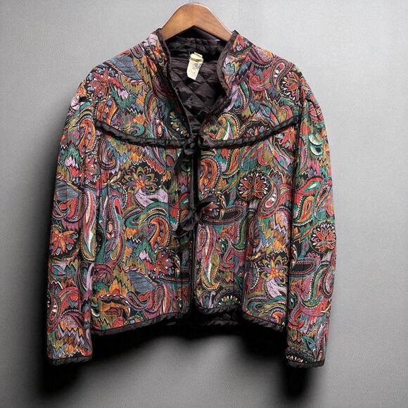 Miss‎ H Women's Vintage Floral Paisley Quilted Jacket Large Black Green - Picture 5 of 12